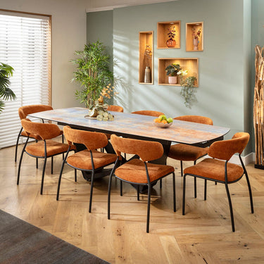 Quatropi Oscar & Zelda 8 Seater Extendable Dining Set Burnt Orange & Rustic Blue Ceramic