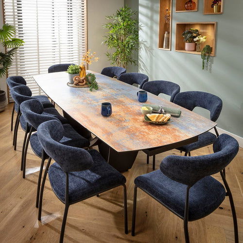 Oscar & Zelda Large 10 Seater Extendable Dining Set Rustic Blue Ceramic