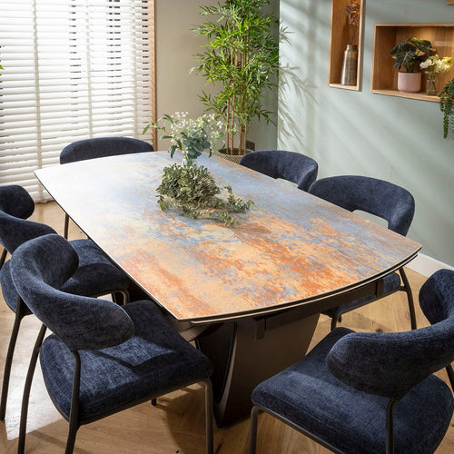 Oscar & Zelda Modern 6 Seater Extendable Dining Set Rustic Blue Ceramic