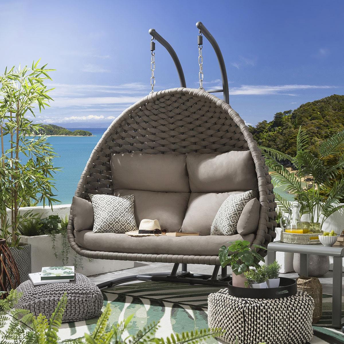 Luxury Garden Double Hanging Egg Chair Beige Outdoor Bamboo 2 Person ...