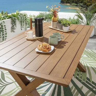 Quatropi Outdoor Garden Dining Table Cross Leg Metal Oak Wood Effect 6 Seat 160cm