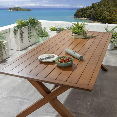 Quatropi Outdoor Garden Dining Table Cross Leg Metal Oak Wood Effect 8 Seat 220cm