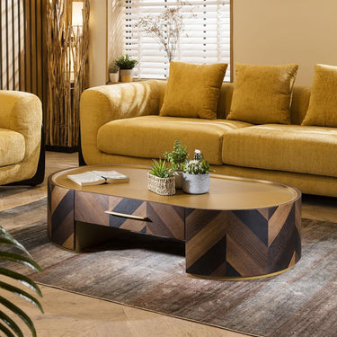 Quatropi Oval Coffee Table With Storage Drawer Metal Top Brown Oak 130x70cm