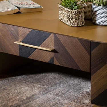 Quatropi Oval Coffee Table With Storage Drawer Metal Top Brown Oak 130x70cm