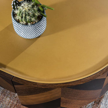 Quatropi Oval Coffee Table With Storage Drawer Metal Top Brown Oak 130x70cm