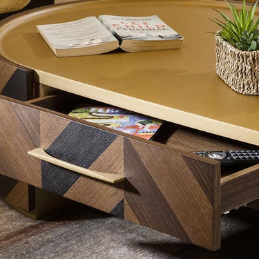 Quatropi Oval Coffee Table With Storage Drawer Metal Top Brown Oak 130x70cm