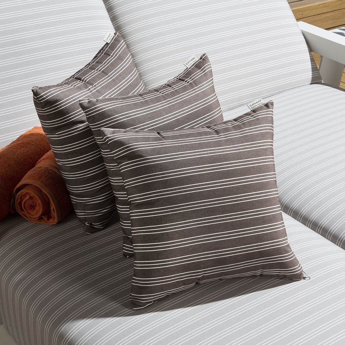 Quatropi Pack of 3 Luxury Outdoor Dark Brown Stripe Cushions Garden Sofa Vison