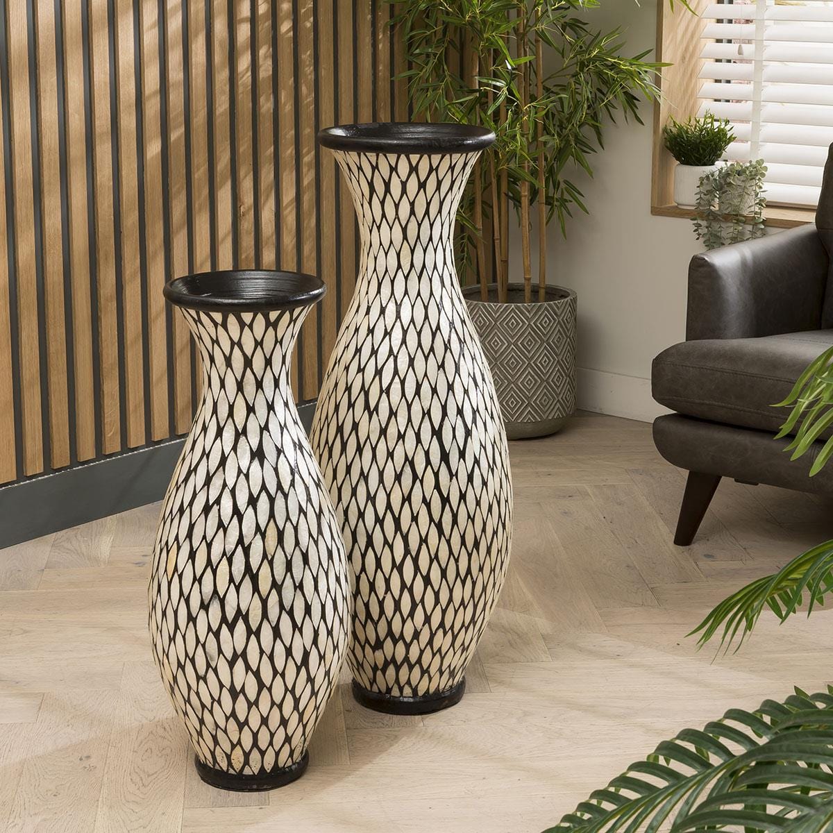 Large Shell Vase Pair of Stunning Shell Mosaic Vases 800 + 1000mm High Ivory Black ...