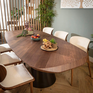 Quatropi Phoenix Designer 6 Seater Dining Set White Boucle Fabric & Walnut Wood