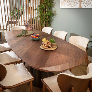 Quatropi Phoenix Designer 8 Seater Dining Set White Boucle Fabric & Walnut Wood