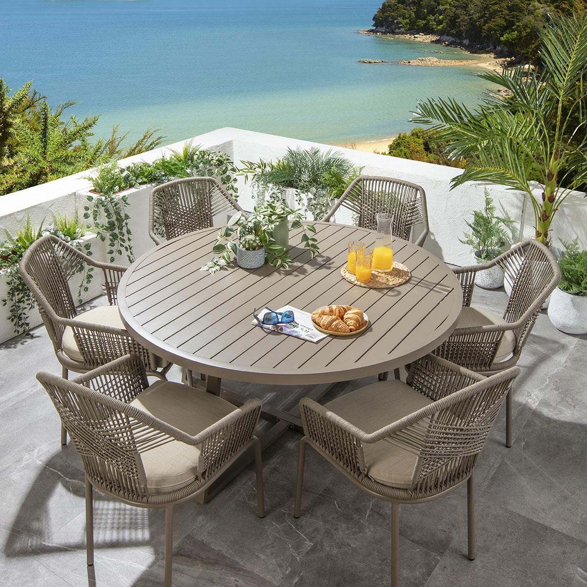Premium 6 Seat Round Garden Table and Chairs Dining Set Aluminium Beige ...