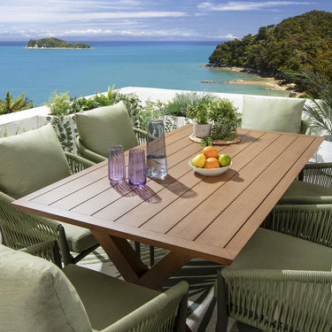 Quatropi Premium 6 Seater Garden Dining Set Green Oak Wood Effect Aluminium