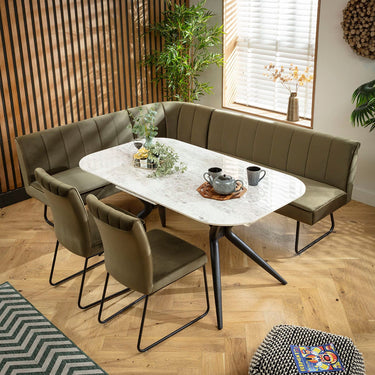 Quatropi Premium 7 Seater Extendable Corner Bench Dining Set Green & Grey Ceramic LR2