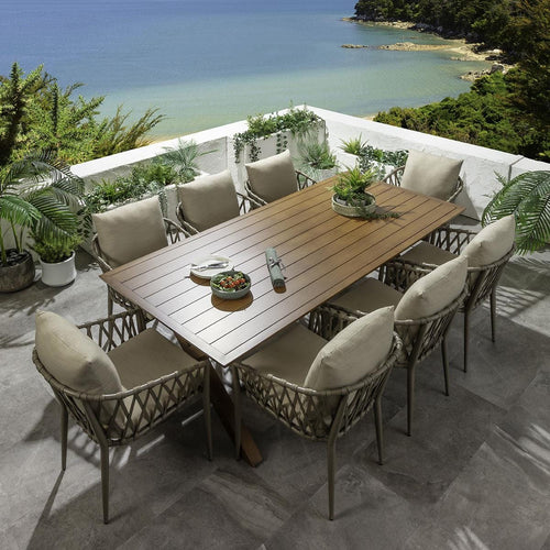 Verity & Star 8 Seater Outdoor Garden Dining Set Beige & Oak Wood Effect Aluminium