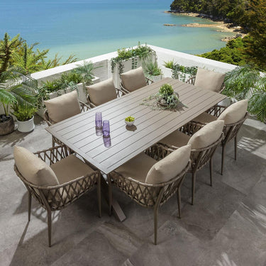 Quatropi Premium 8 Seat Outdoor Garden Dining Set Beige Oak Wood Effect Aluminium