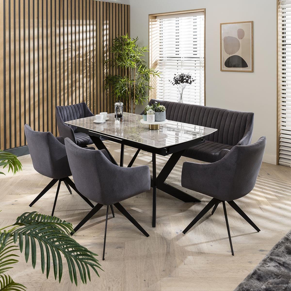 Quatropi Premium Bench Dining Set - 6 Seater - Extendable Grey Ceramic Marble Table