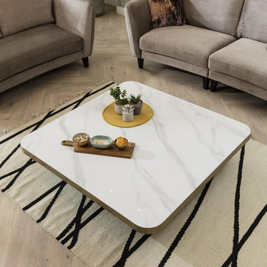 Quatropi Premium Ceramic Marble Top Large Coffee Table with Metal Accent - White 120cm Square