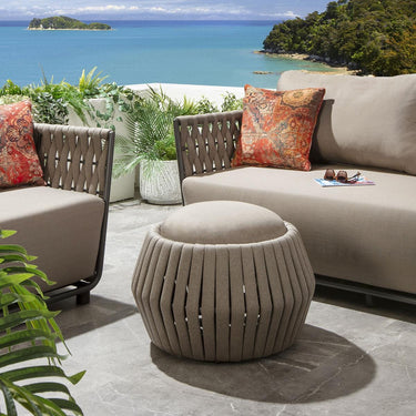 Quatropi Premium Garden Round Outdoor Footstool Pouffe Beige Rope Weave 62cm