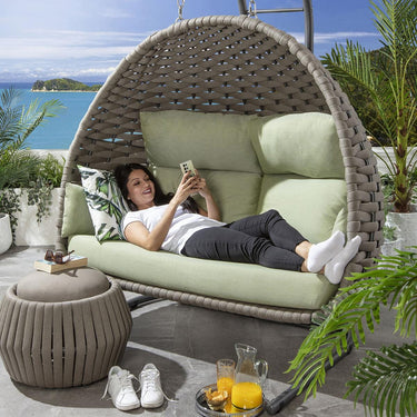 Quatropi Premium Garden Round Outdoor Footstool Pouffe Beige Rope Weave 62cm
