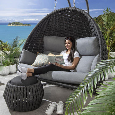 Quatropi Premium Garden Round Outdoor Footstool Pouffe Grey Rope Weave 62cm