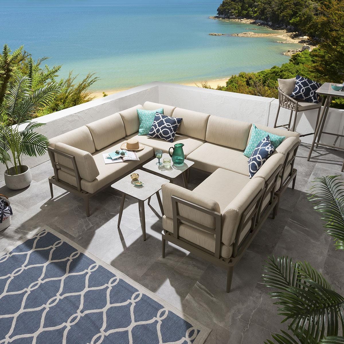 Quatropi Premium Garden U-Shape Corner Sofa | 8 Seater Beige Metal Sofa & Coffee Table