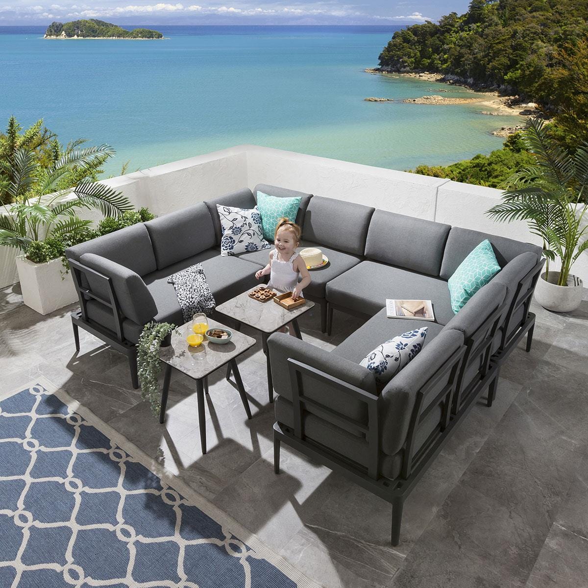 Quatropi Premium Garden U-Shape Corner Sofa | 8 Seater Grey Metal Sofa & Coffee Table