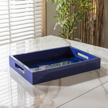 Quatropi Premium Hand-Painted Glossy Wooden Tray Blue & Black 36x26cm