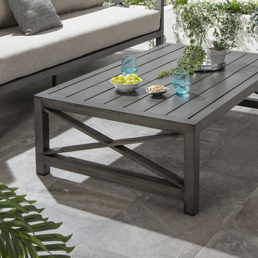 Quatropi Premium Outdoor Coffee Table Modern Wood Effect Aluminium Grey 140x86cm