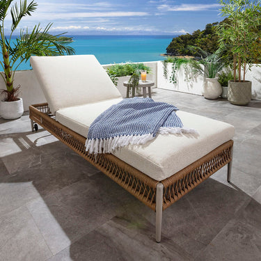 Quatropi Premium Outdoor Garden Cushioned Sun Lounger Neutral Beige Rope 200x77cm