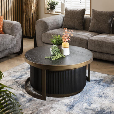 Quatropi Premium Round Nest of Tables Coffee Table Black Oak Brass Metal