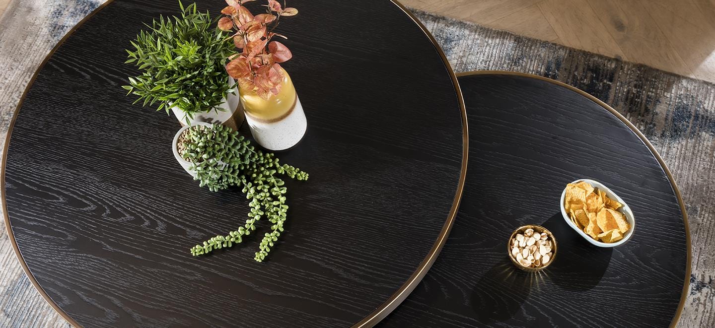 Premium Round Nest Of Tables Coffee Table Black Oak Brass Metal