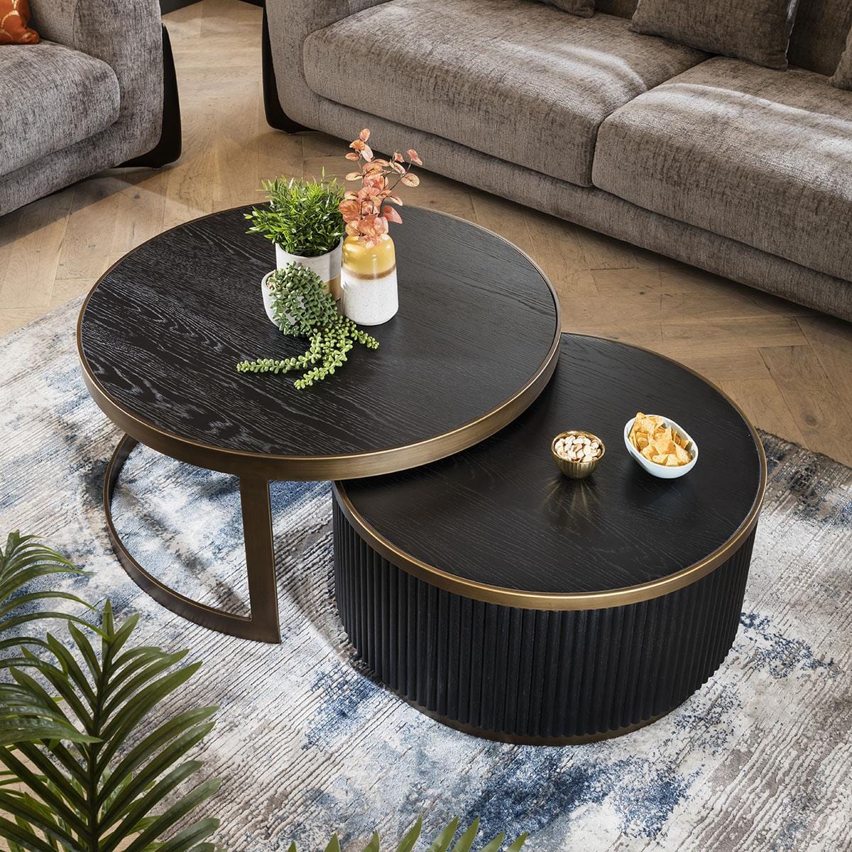 Premium Round Nest Of Tables Coffee Table Black Oak Brass Metal