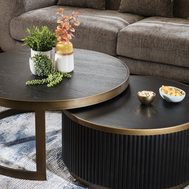Quatropi Premium Round Nest of Tables Coffee Table Black Oak Brass Metal
