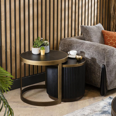 Quatropi Premium Round Nest of Tables Lamp End Side Table Black Oak Brass Metal