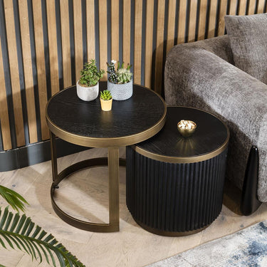 Quatropi Premium Round Nest of Tables Lamp End Side Table Black Oak Brass Metal
