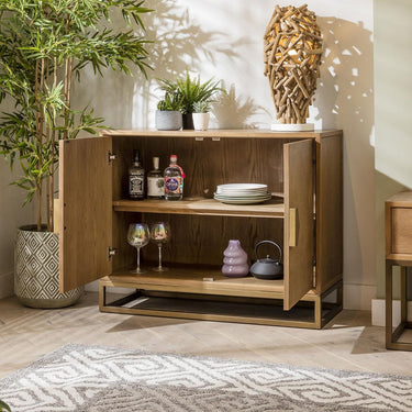 Quatropi Premium Wooden 2 Door Sideboard Console Oak & Gold Metal Brown 108cm