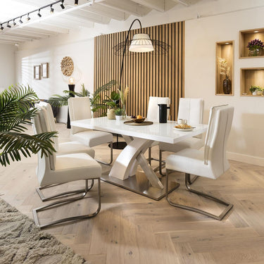 Quatropi Quatropi 6 Seater Dining Set - White Glass Pedestal Table & Leather Chairs
