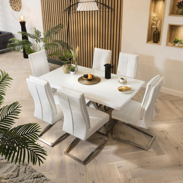 Quatropi Quatropi 6 Seater Dining Set - White Glass Pedestal Table & Leather Chairs