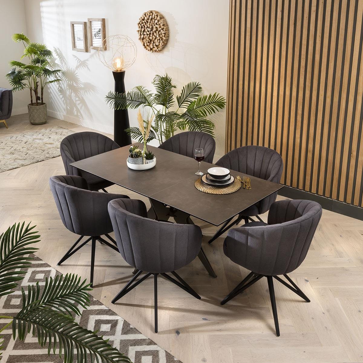 Quatropi Quatropi 6 Seater Extending Dining Set - Dark Grey Ceramic Table, Grey Swivel Chairs
