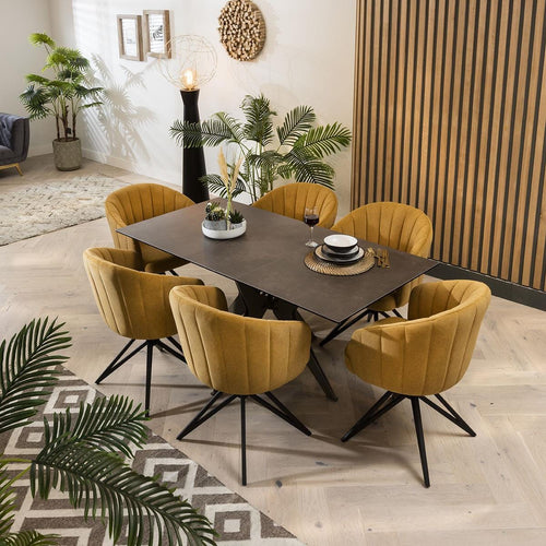 Quatropi 6 Seater Extending Dining Set - Dark Grey Ceramic Table, Mustard Chairs