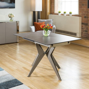 Quatropi Quatropi 6 Seater Extending Dining Set - Dark Grey Ceramic Table, Pink Swivel Chairs