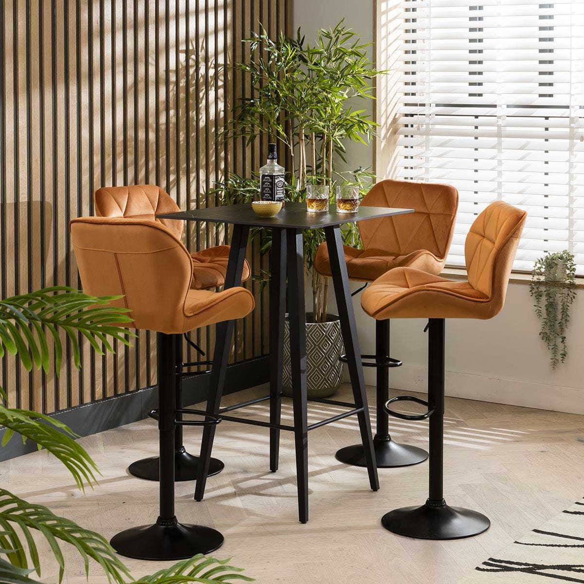 Quatropi Quatropi Bar Table And 4 Chairs Set - Black Ceramic Marble Bar Table - Velvet Bar Stools