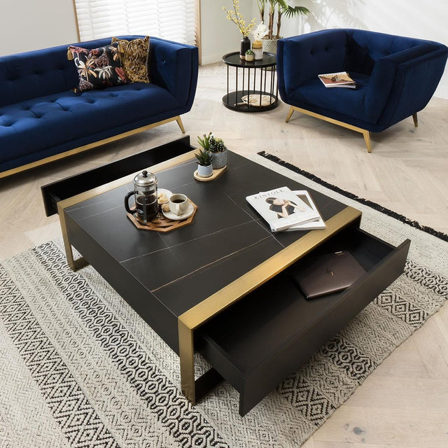 Quatropi Coffee Table Square Matte Black with Brass Frame & Black Cera