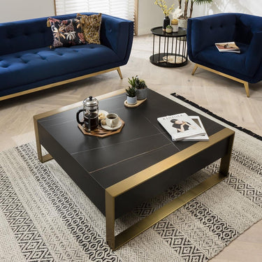 Quatropi Quatropi Coffee Table Square Matte Black with Brass Frame & Black Ceramic Top