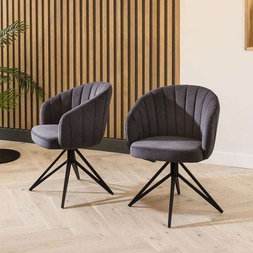 Quatropi Dining Chair Set of 2 Swivel Dark Grey Fabric & Black Hairpin Legs