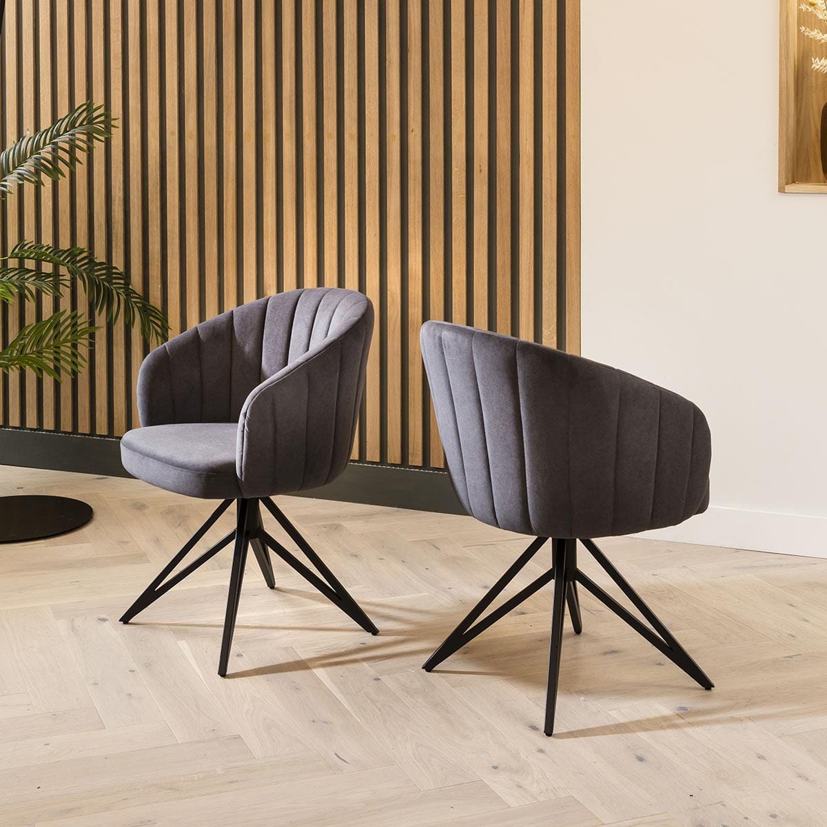 Quatropi Quatropi Dining Chair Set of 2 Swivel Dark Grey Fabric & Black Hairpin Legs