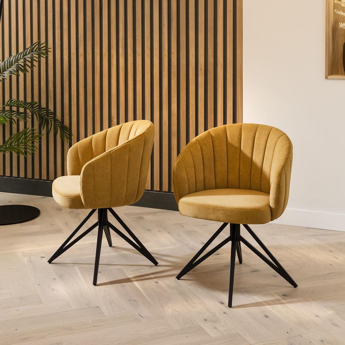 Quatropi Quatropi Dining Chair Set of 2 Swivel Mustard Fabric & Black Hairpin Legs