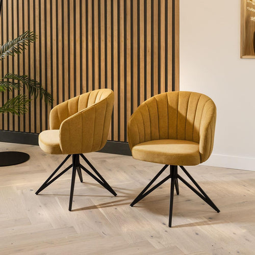 Quatropi Dining Chair Set of 2 Swivel Mustard Fabric & Black Hairpin Legs