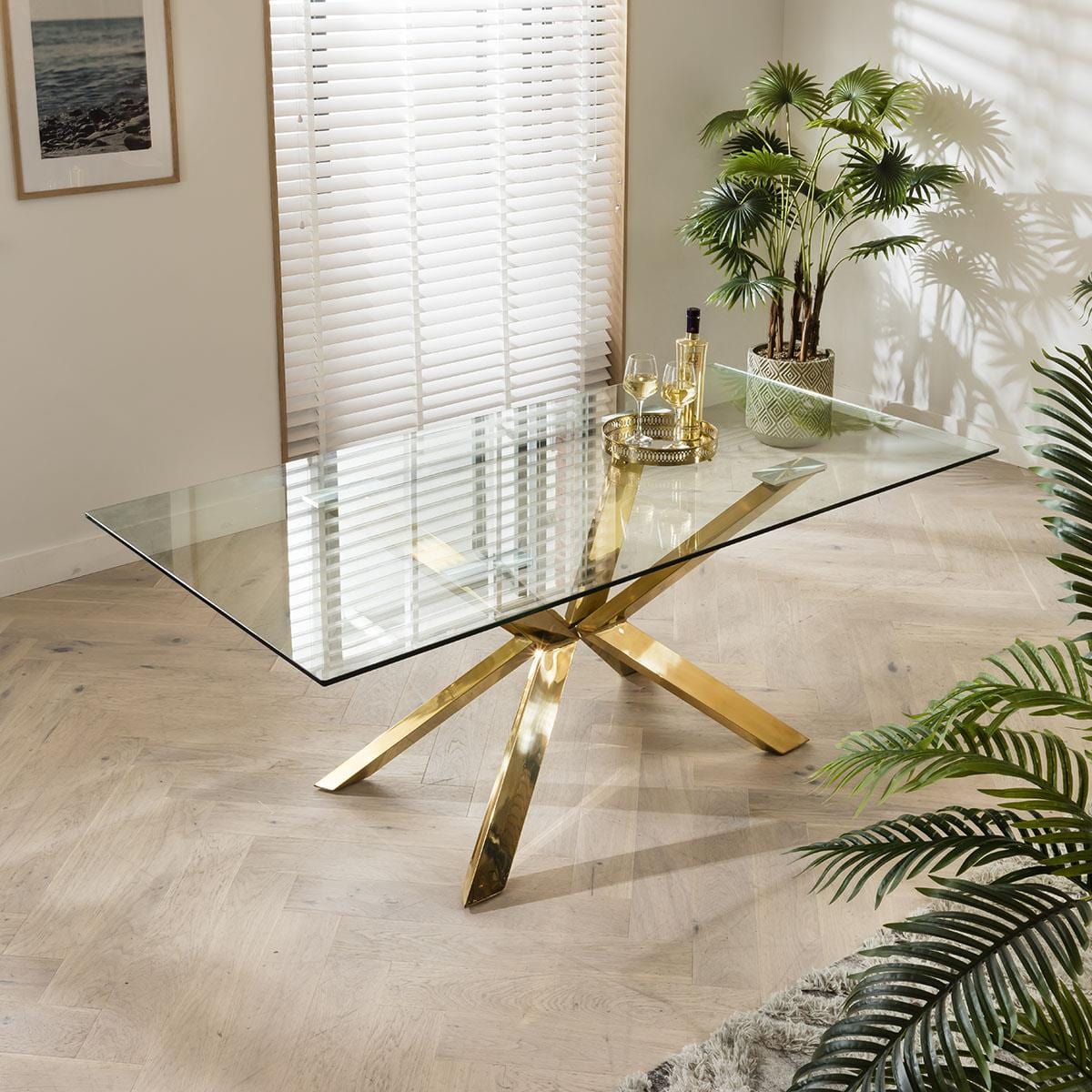 Quatropi Quatropi Dining Table 6 Seater Glass Top & Gold Metal Pedistal 198x99cm