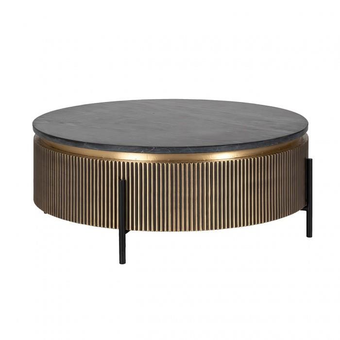Quatropi Quatropi Gold Metal Drum Coffee Table - 90cm Round Premium Black Marble Top - Ironville